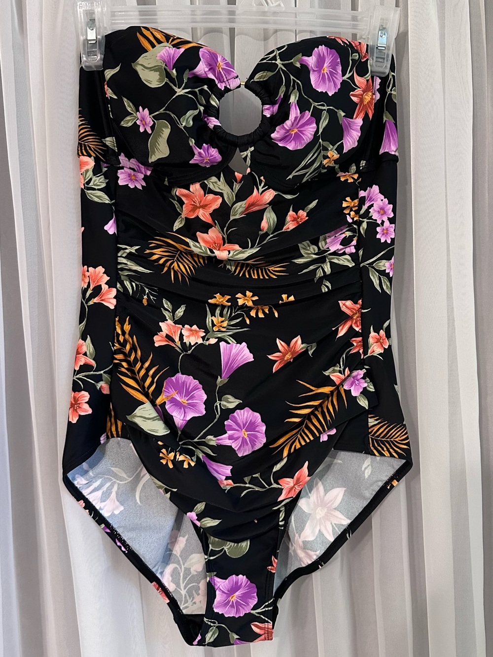 Shade & Shore Black Floral Convertible Strap Tummy Control One Piece Swimsuit M
